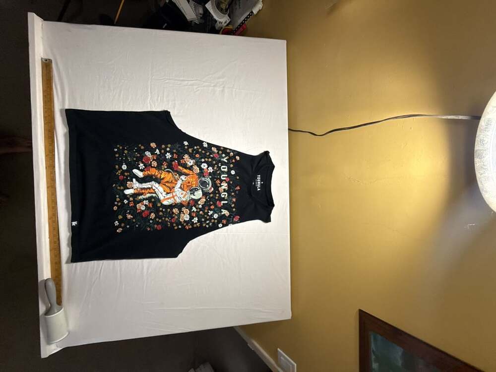 YoungLA Tank Top Size Large Black Astronaut Floral Graphic Sleeveless